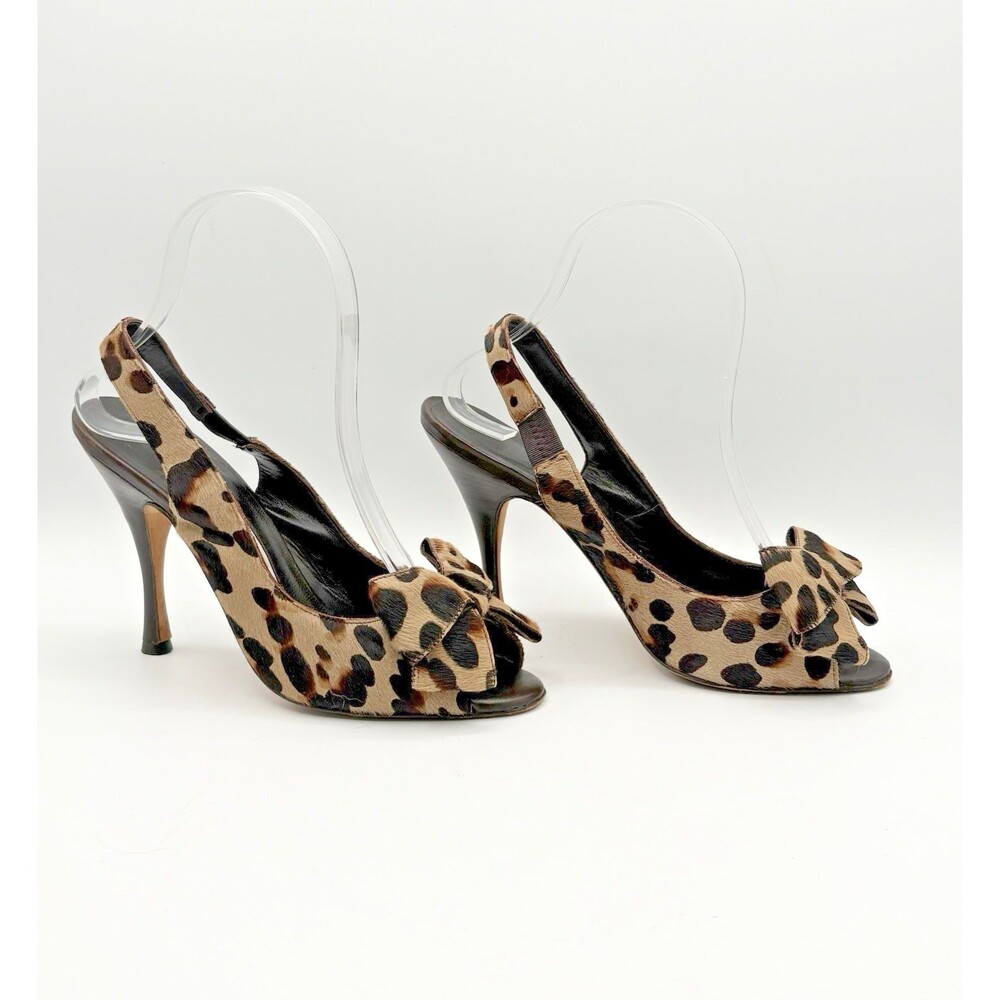Manolo Blahnik Pony Hair Cheetah Print Slingback Heels w/ Bow Accent Sz EU 37